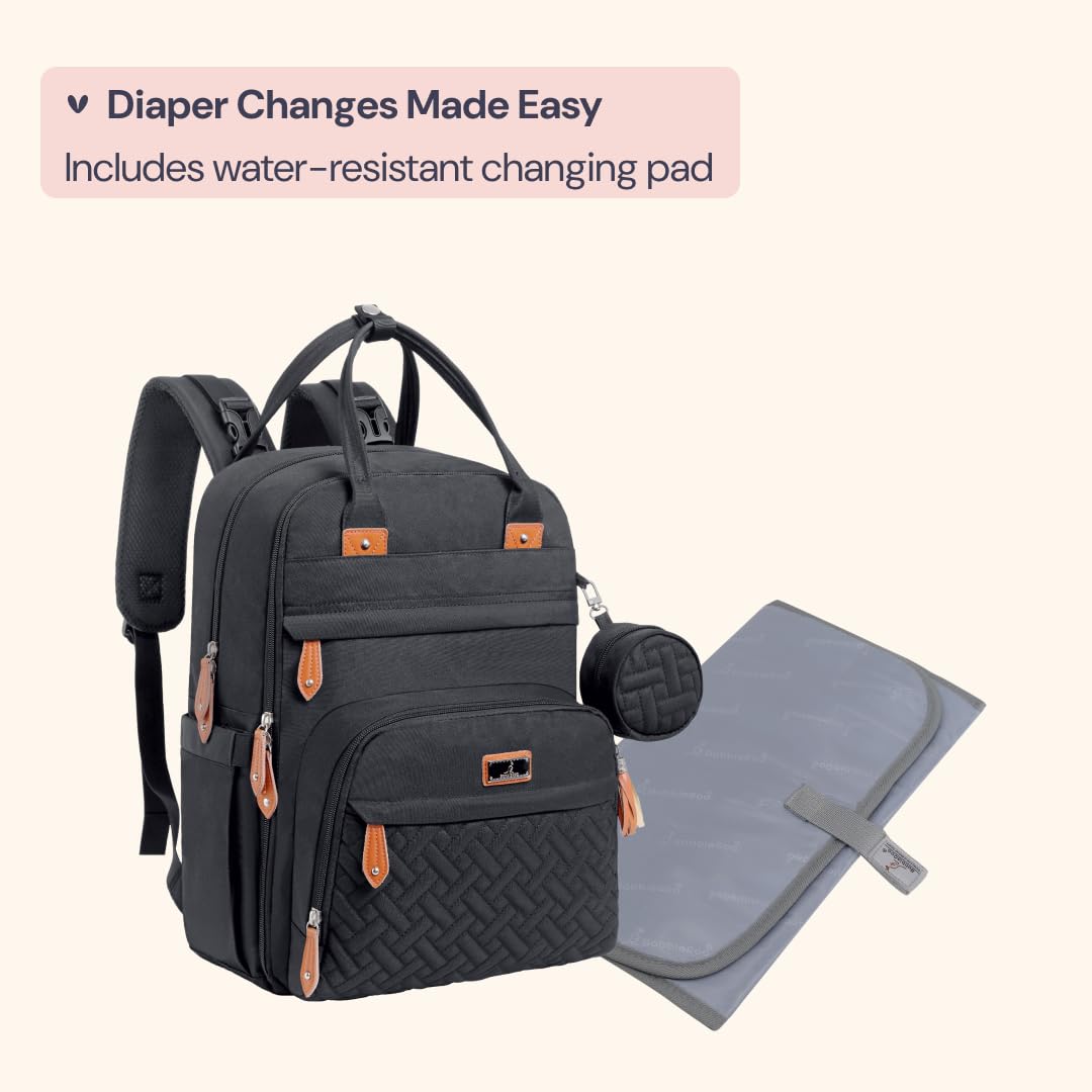 BabbleRoo Diaper Bag Backpack – Multi-Function Waterproof Baby Travel Tote with Changing Pad, Stroller Straps & Pacifier Case (Unisex, Black)