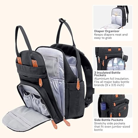 BabbleRoo Diaper Bag Backpack – Multi-Function Waterproof Baby Travel Tote with Changing Pad, Stroller Straps & Pacifier Case (Unisex, Black)