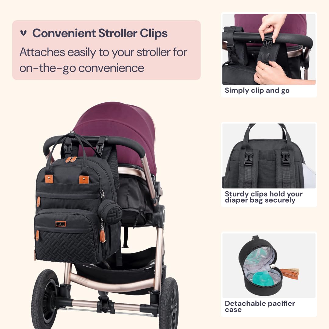 BabbleRoo Diaper Bag Backpack – Multi-Function Waterproof Baby Travel Tote with Changing Pad, Stroller Straps & Pacifier Case (Unisex, Black)