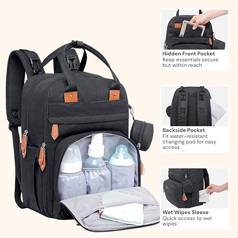 BabbleRoo Diaper Bag Backpack – Multi-Function Waterproof Baby Travel Tote with Changing Pad, Stroller Straps & Pacifier Case (Unisex, Black)
