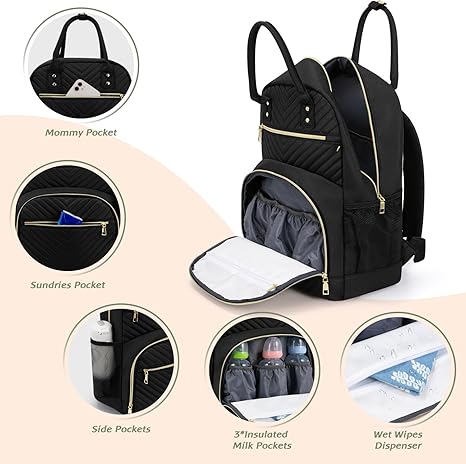 Diaper Bag Backpack – Multipurpose Baby Essentials Travel Backpack with Pacifier Case, Stylish Large Capacity Waterproof Bag for Baby Girl & Boy (M-Black)