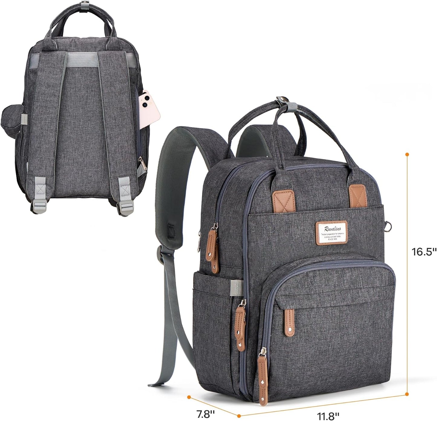 RUVALINO Diaper Bag Backpack – Waterproof Multifunction Travel Baby Changing Bag with Large Capacity for Moms & Dads (Dark Gray)