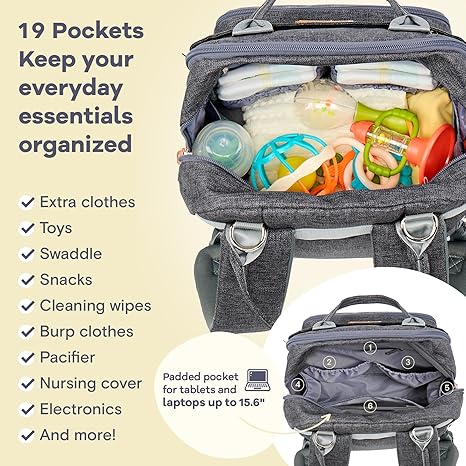 RUVALINO Diaper Bag Backpack – Waterproof Multifunction Travel Baby Changing Bag with Large Capacity for Moms & Dads (Dark Gray)