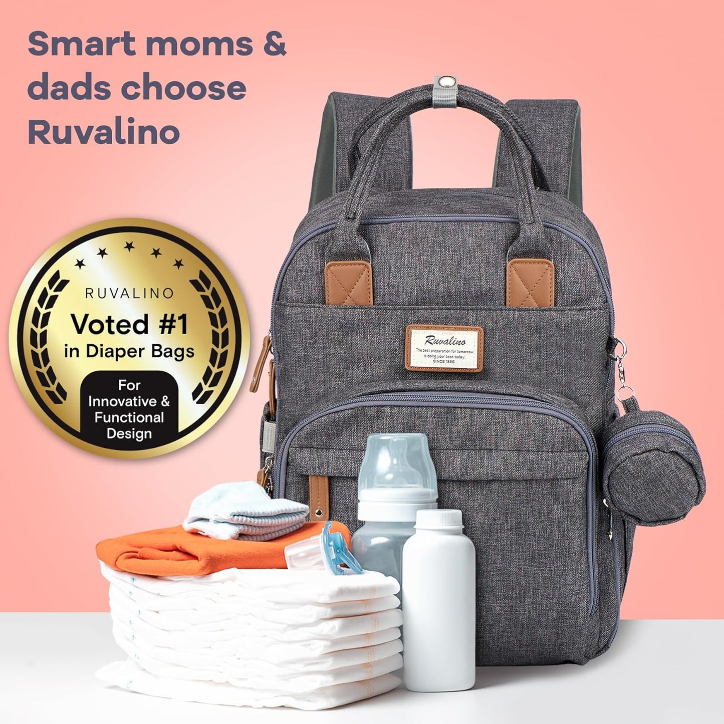 RUVALINO Diaper Bag Backpack – Waterproof Multifunction Travel Baby Changing Bag with Large Capacity for Moms & Dads (Dark Gray)