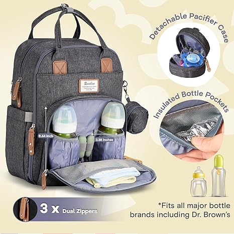 RUVALINO Diaper Bag Backpack – Waterproof Multifunction Travel Baby Changing Bag with Large Capacity for Moms & Dads (Dark Gray)