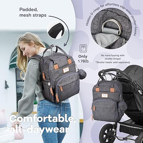 RUVALINO Diaper Bag Backpack – Waterproof Multifunction Travel Baby Changing Bag with Large Capacity for Moms & Dads (Dark Gray)