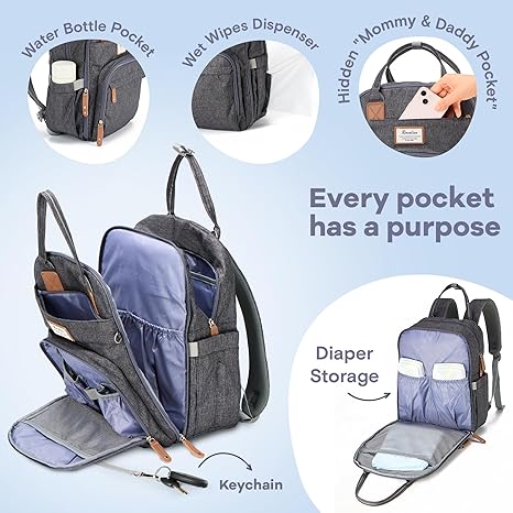 RUVALINO Diaper Bag Backpack – Waterproof Multifunction Travel Baby Changing Bag with Large Capacity for Moms & Dads (Dark Gray)