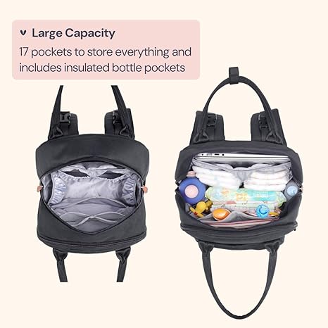 BabbleRoo Diaper Bag Backpack – Multi-Function Waterproof Baby Travel Tote with Changing Pad, Stroller Straps & Pacifier Case (Unisex, Black)