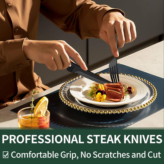 Black Silverware Set with Steak Knives, Black Flatware